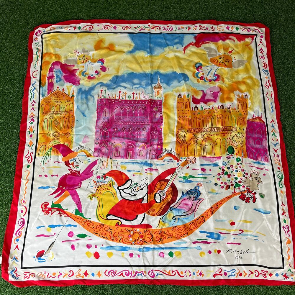 Vintage 1992 John Rombola Art Fabric Sun Venice Canal Whimsical Silk Scarf - Picture 2 of 11